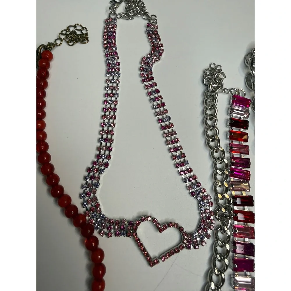 6pc Romantic Jewelry Lot Rhinestone Heart Love Lips Locket Necklaces Red Pink